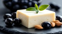 Fresh white cheese cube garnished with basil leaves on dark slate board, surrounded by black olives and almonds, macro food photography for restaurant menu.