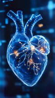 Glowing blue anatomical heart with illuminated blood vessels against dark digital background for medical visualization or cardiology concept.