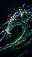 Abstract swirling wave with luminous green, blue, and gold particles flowing against dark background. Dynamic energy motion design for digital art, wallpapers, and creative projects.
