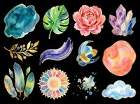 Watercolor clipart set with flowers, leaves, crystals, feathers, moon, cloud, and paint splashes, isolated on transparent background. Ready for stickers, T-shirts, and print on demand.