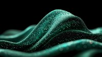 Glowing turquoise waves with sparkling particles create mesmerizing abstract background pattern. Flowing curves and light dots form dynamic composition on black surface.