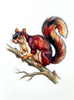 Hand-drawn watercolor squirrel with burgundy and orange fur perched on a branch, isolated on white background for design projects, clipart, and educational materials.
