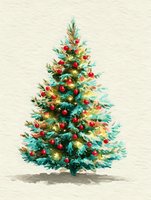 Festive Christmas tree with red ornaments and warm glowing lights on textured background, perfect for holiday season designs.