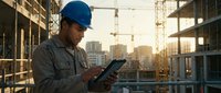 Construction worker using tablet at building site during golden hour sunset with cranes and urban development in background for project management.