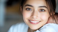 Young Asian woman with natural makeup and radiant smile wearing white casual clothing against soft blurred background, expressing joy and confidence.