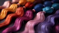 Colorful embroidery thread skeins arranged in rainbow spectrum from warm orange yellow to cool blue purple tones for needlework crafting projects.