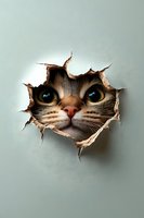 Cat face peeking through torn paper hole with blue eyes and whiskers visible. Isolated design element suitable for wall decals and prints.