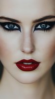 Close-up portrait featuring dramatic cat eye makeup, bright blue eyes, and bold red lips against pale skin, showcasing professional beauty and cosmetic artistry.