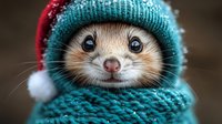 Adorable hedgehog wearing winter knit hat and scarf in turquoise and red colors, close-up portrait showing cute face and nose against blurred background.
