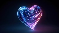 Glowing neon heart with blue and pink light trails and sparkles on dark background for romantic digital art and love-themed designs.
