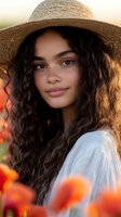 Young woman with curly hair wearing straw hat in golden sunset light among orange flowers. Natural beauty portrait for lifestyle and fashion content.
