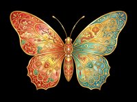 Ornate decorative butterfly with gold, red and teal floral patterns, isolated on transparent background, ready for stickers, sublimation, t-shirt design, print on demand.