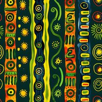 Vibrant ethnic striped pattern with sun symbols and tribal motifs in green, orange and yellow colors. Seamless repeat design for fabric, wallpaper and surface decoration.