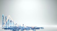 Cityscape made of blue glass buildings and water, representing urban development, sustainability, and modern architecture for business and environmental concepts.