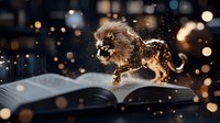 Magical golden lion figurine standing on open book with glowing sparkles and bokeh lights in dark atmosphere, creating mystical storytelling scene.