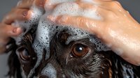 Close-up of wet dog eye with soap suds and human hands washing, grooming moment captured during bath time showing trust and care between pet and owner.