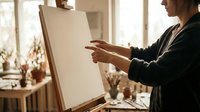 Young woman artist painting on canvas easel in bright creative studio workspace with art supplies and natural light streaming through windows.