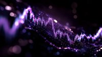Glowing purple financial chart with bokeh effect shows market data visualization on dark background with particle effects and depth of field.