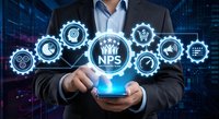 Professional businessman using smartphone with glowing NPS customer satisfaction rating system and gear icons in modern digital technology environment.
