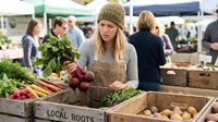 Young Caucasian female farmer in beanie hat selling fresh organic vegetables at local farmers market with wooden crates and diverse crowd shopping for produce.