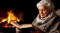 Elderly woman with silver hair reading book by fireplace wearing cozy knit scarf, warm atmospheric evening scene with glowing flames creating peaceful ambiance.