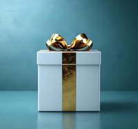 White gift box with golden ribbon and bow on blue background for holiday celebrations and special occasions.
