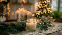 Glowing candle in glass jar with pine branches on rustic table, Christmas tree and warm bokeh lights creating cozy holiday atmosphere.