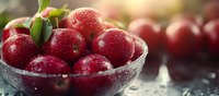 Fresh ripe red cherries with water drops in glass bowl on dark background, selective focus with natural light and bokeh effect, macro food photography.