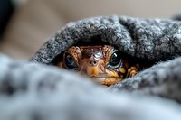 Curious dog peeking through gray blanket with expressive brown eyes and nose visible in close-up macro photography, creating cozy and intimate pet portrait.