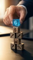 Businessman hand protecting wooden blocks with financial symbols and glowing shield icon representing investment security and risk management.