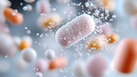 Floating pharmaceutical capsules and pills with water droplets on blurred background, medical concept visualization for healthcare and medicine.
