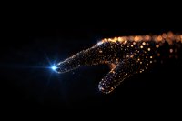Magical glowing hand silhouette formed by golden particles and light effects reaching towards bright star on dark background, spiritual concept.