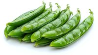 Fresh green pea pods arranged in row showing natural texture and water drops on white background, isolated healthy organic vegetables for cooking.