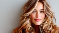 Young Caucasian woman with wavy blonde highlighted hair and natural makeup wearing brown turtleneck sweater against light gray background, looking at camera with gentle smile.