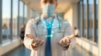 Healthcare professional presenting digital medical technology interface with holographic data visualization in modern hospital corridor.