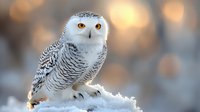 Majestic snowy owl perched on snow-covered branch at sunset, bright amber eyes gazing forward against soft bokeh winter background, wildlife nature photography.