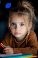 Young girl with striking blue eyes wearing brown knit sweater holds colorful pencils while drawing. Soft natural lighting creates gentle mood in dark setting. For childhood education themes.