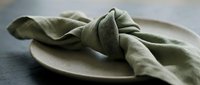 Folded linen napkin on ceramic plate, neutral tones, minimalist table setting for dining, hospitality, and home decor design projects.