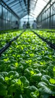 Fresh green leafy vegetables growing in rows inside modern greenhouse with blurred workers in background. Sustainable agriculture and organic farming concept.