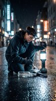 Young Asian male scientist conducting field research with lantern on wet city street at night during rainfall for scientific study and urban exploration.