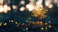 Glowing golden miniature tree growing from soil against dark background with magical bokeh lights creating dreamy atmosphere. Suitable for hope and growth concepts.