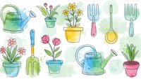 Watercolor gardening tools and potted plants collection isolated on white background for spring garden design projects and botanical illustrations.