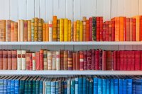 Colorful vintage books arranged by color spectrum on white wooden shelves, creating rainbow gradient from warm to cool tones for library or bookstore display.