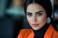 Middle Eastern woman wearing black hijab and orange blazer with elegant crystal earrings poses confidently. Professional portrait features dramatic lighting and soft bokeh background.