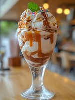 Vanilla ice cream sundae topped with caramel sauce, chocolate drizzle, colorful sprinkles and fresh mint leaf in tall glass, served on wooden table with bokeh background.