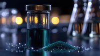 Glowing turquoise liquid in glass jar with scattered crystals on dark surface, magical bokeh lights in background create mystical laboratory atmosphere.