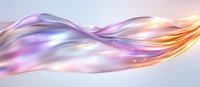 Flowing iridescent silk fabric with glowing sparkles in motion against light background, soft purple and orange gradient colors creating ethereal wave effect.