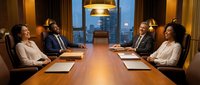 Professional business team meeting in modern conference room with city skyline view. Corporate executives discussing strategy around polished table.