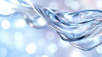 Flowing liquid waves create dynamic curves against soft blue bokeh background, showcasing pure freshness and fluidity in modern minimalist style.