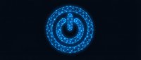 Glowing blue digital power button with geometric network pattern on dark background for technology and electronics interface design.
